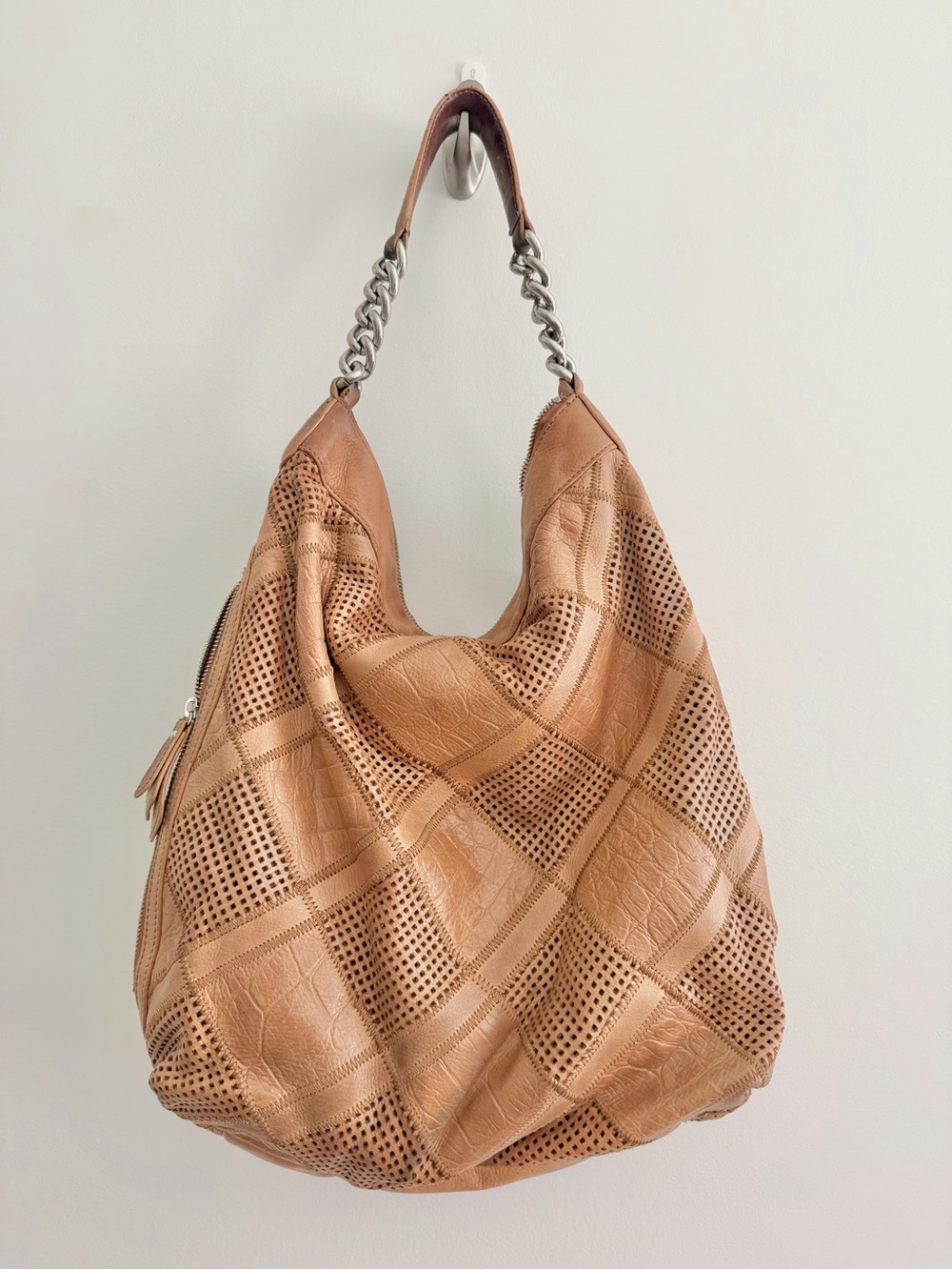 B. Makowski Tan Brown Perforated Leather Hobo Bag Side Zip Large Shoulder Purse